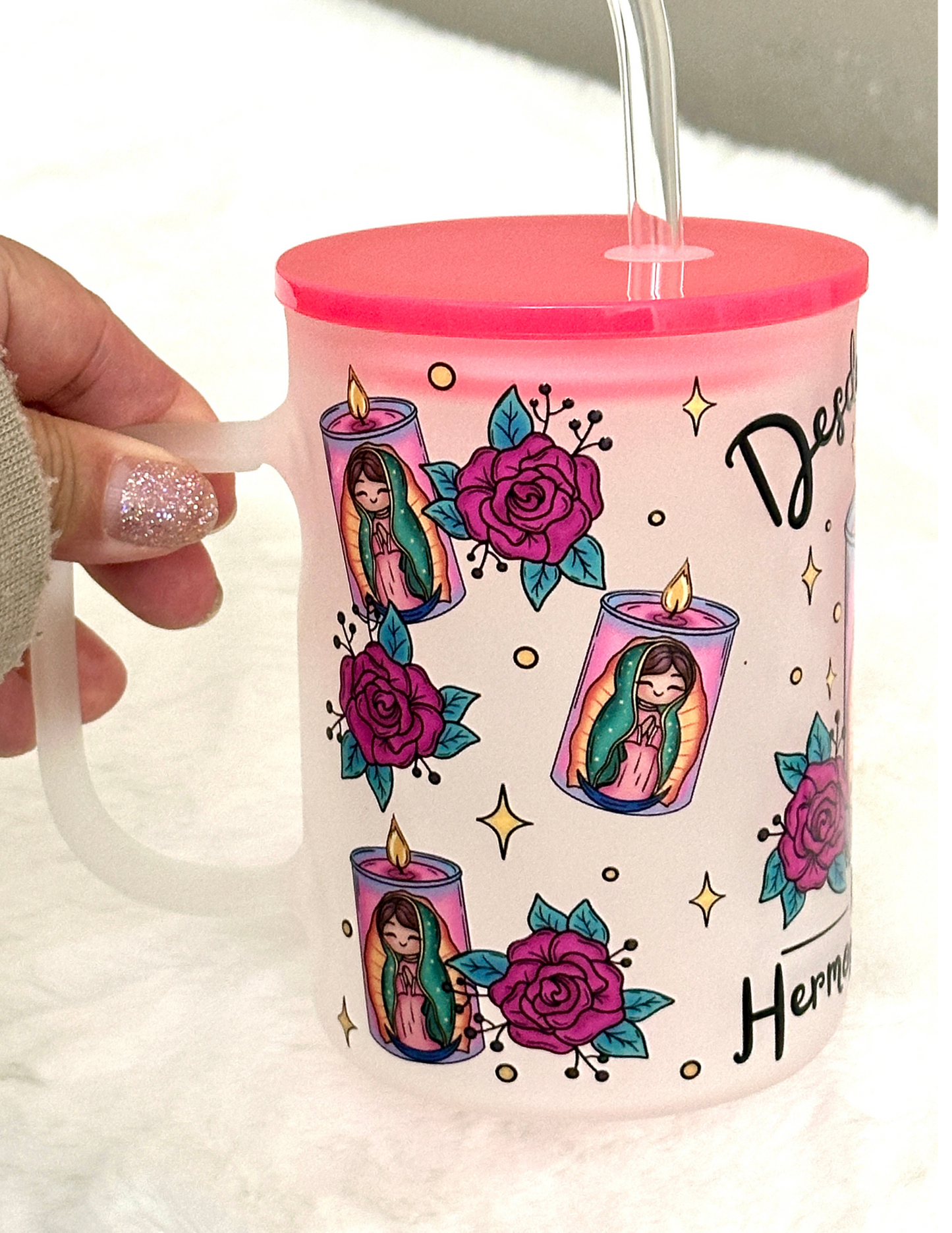 Hermosa manana cup, Virgencita coffee cup, frosted coffee mugs, frosted mugs