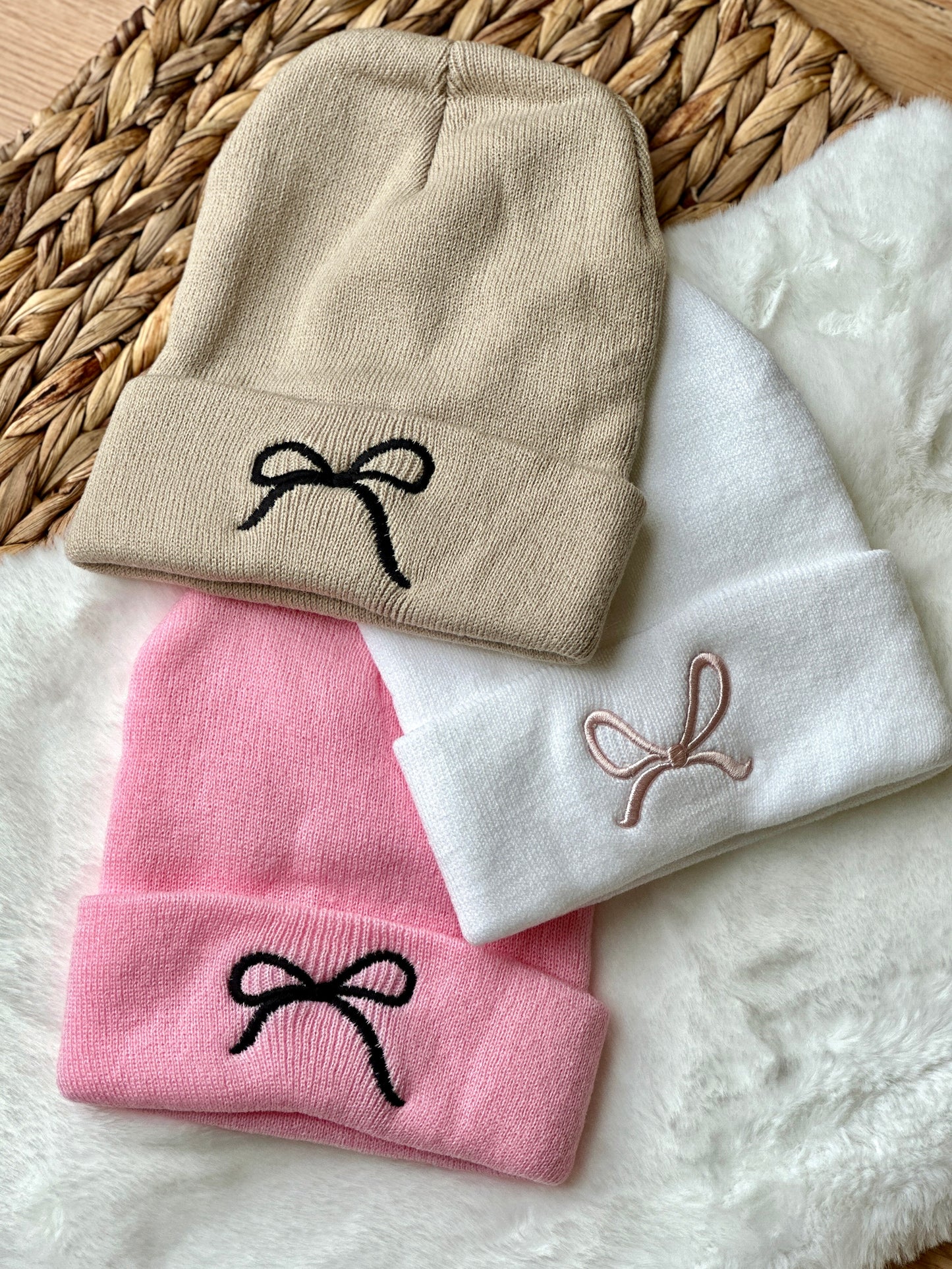 Embroidered Bow beanie hat, soft knit winter hat, bow winter hats , trendy hats, stylish beanies.