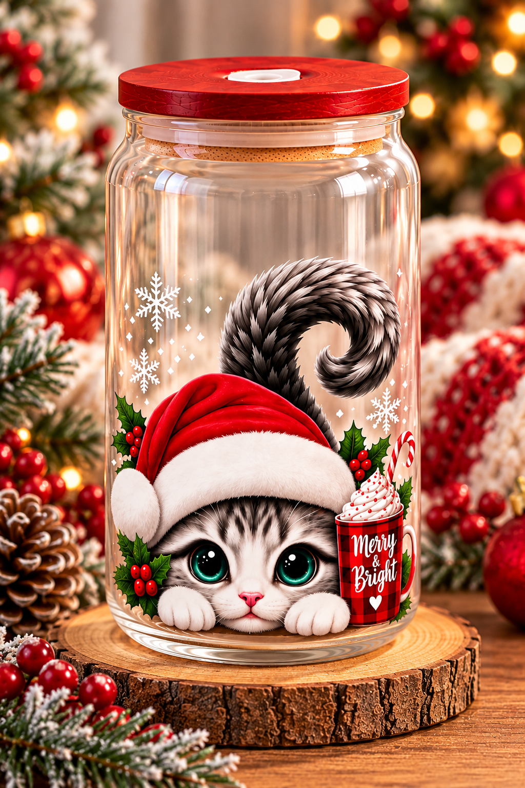 16 oz Glass Can Tumbler with Bamboo Lid & Straw | Seasonal Cat Designs/cat lover can shape glass, Christmas cat lover tumbler, halloween cat lover tumbler