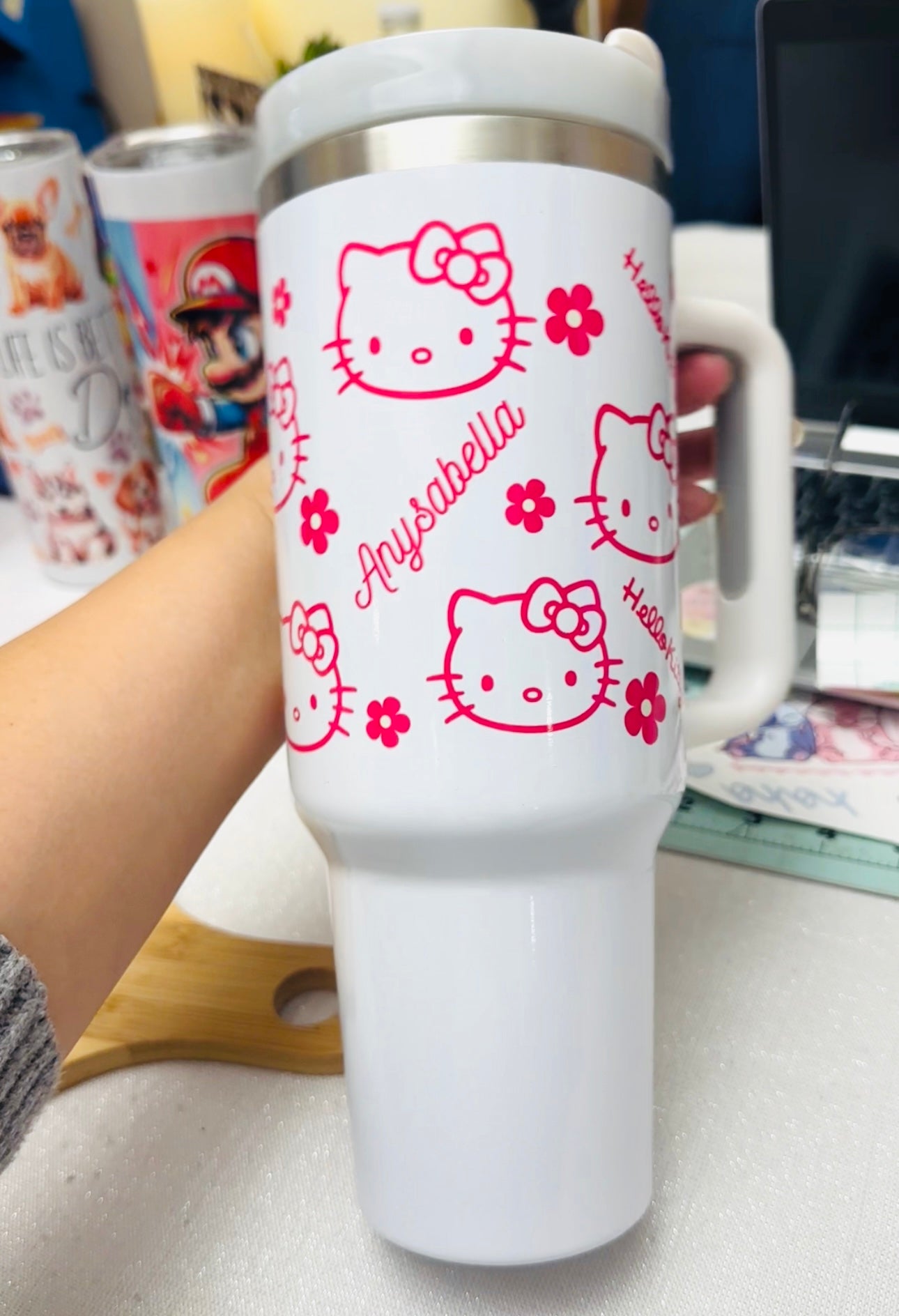 Stainless steel tumblers, Kitty tumblers, 40 oz tumblers, kitty tumblers with handles, alien tumblers, coquette bow tumblers, birthday gifts, back to school gifts, personalized tumblers.