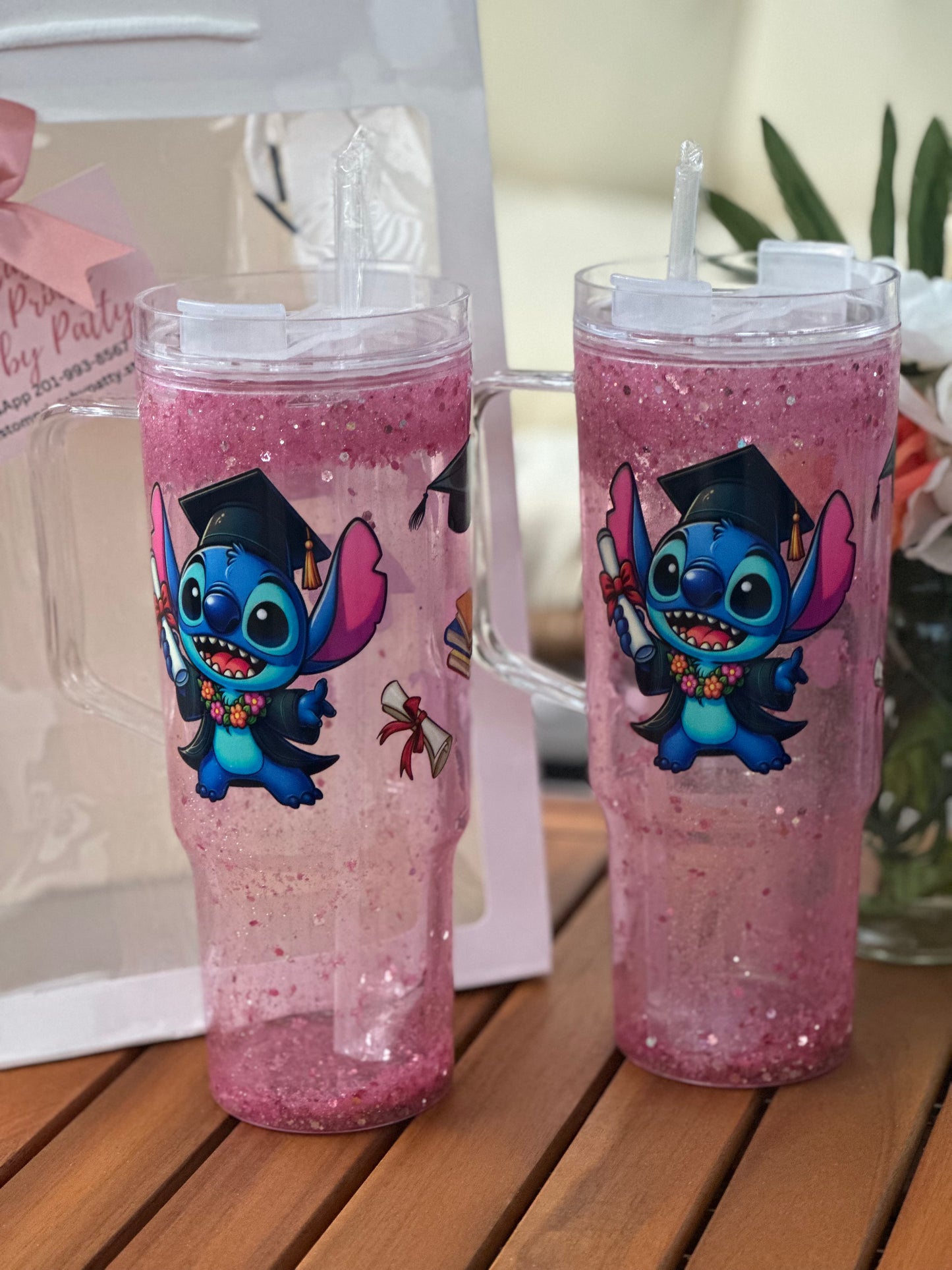 Graduation Stitch Snow Globe Tumbler Set ✨🎓 Personalized Graduation Glitter Tumbler with Plush
	•	Graduation Stitch Snow Globe Cup Gift Box