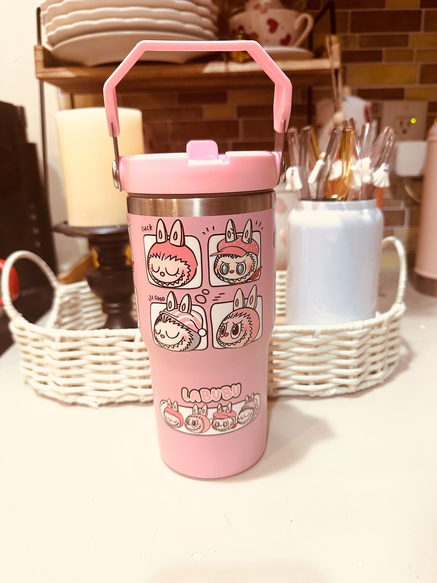 20 oz Insulated Tumbler – Pink Stainless Steel with Handle back to school tumblers, character design tumbler