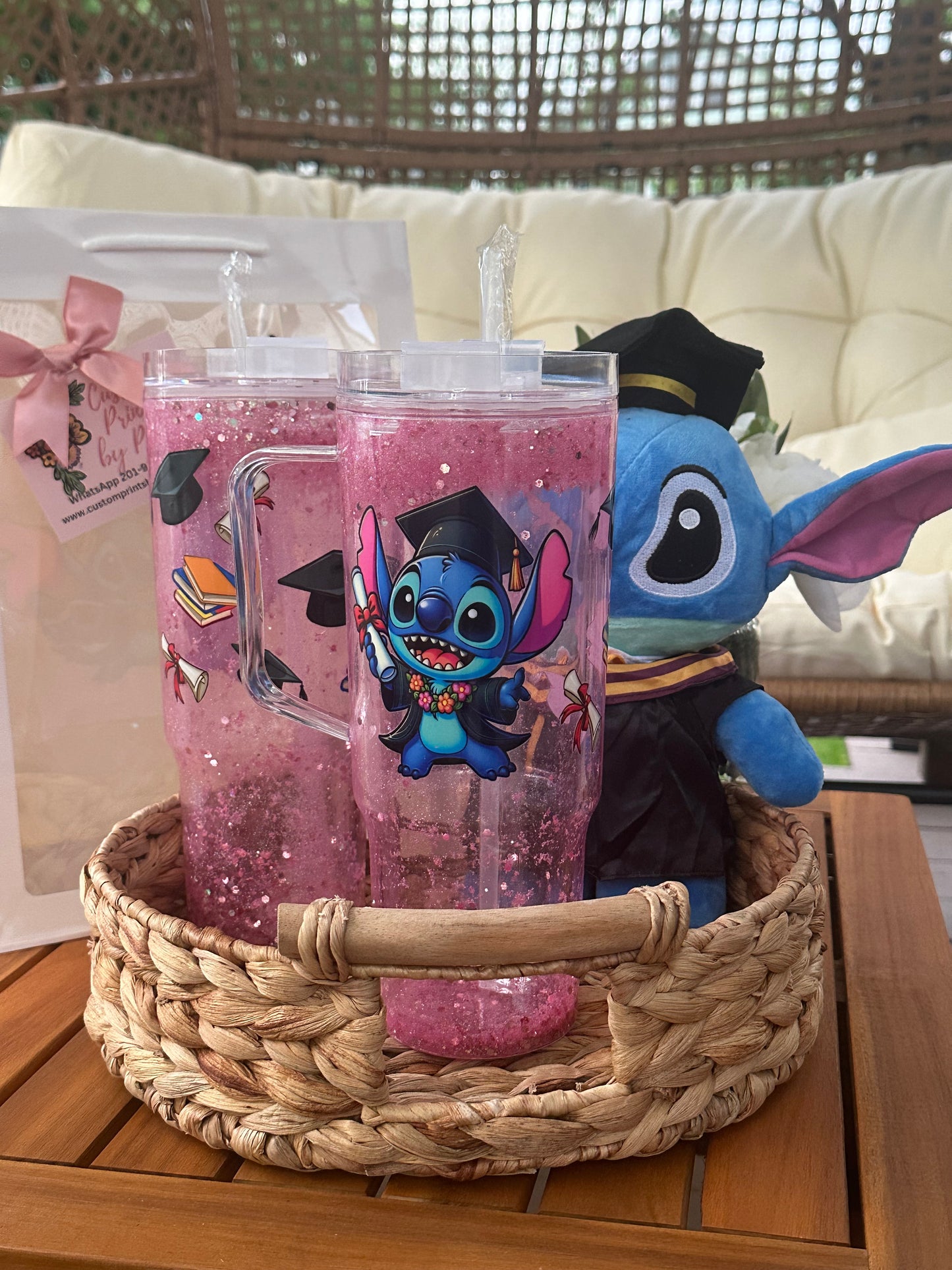 Graduation Stitch Snow Globe Tumbler Set ✨🎓 Personalized Graduation Glitter Tumbler with Plush
	•	Graduation Stitch Snow Globe Cup Gift Box