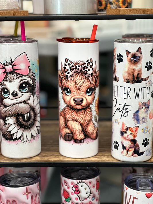 Cute tumblers, skinny tumblers, baby highland cow tumbler, baby sloth water bottle, life is better with cats and dogs tumblers