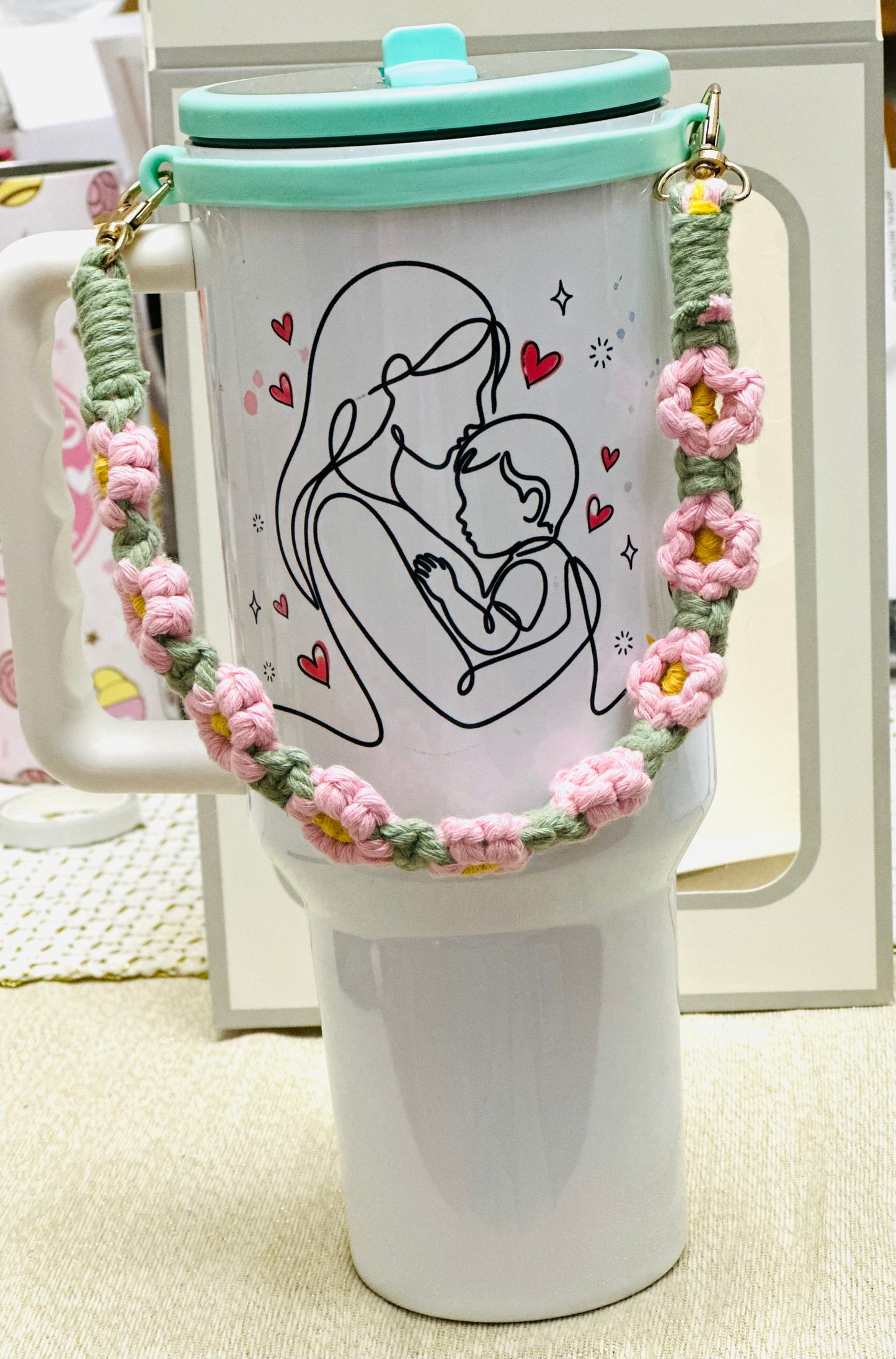 “Mother’s Day Gift Set – Personalized 40oz Tumbler with Crochet Handle | Gift Box Included”