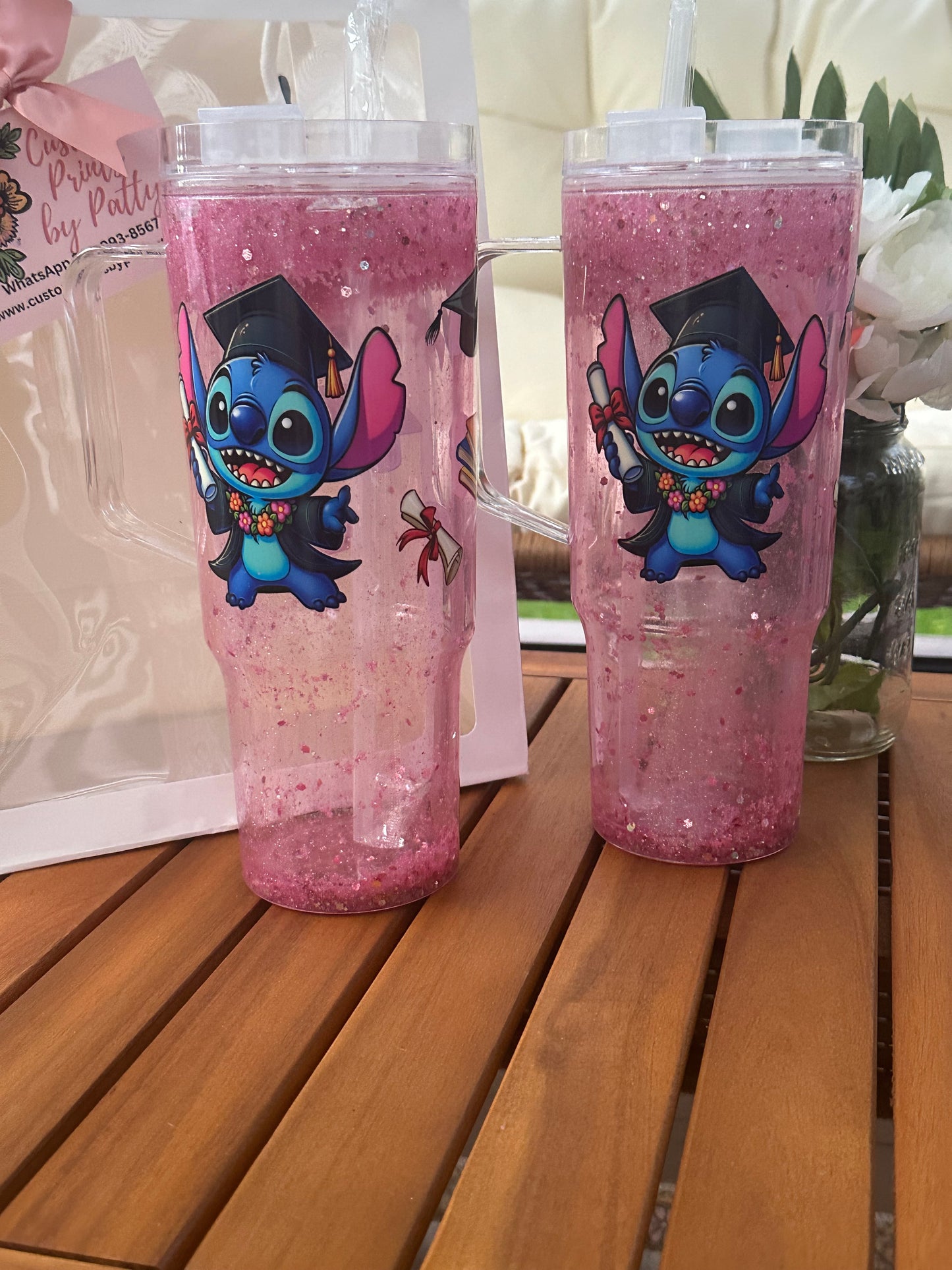 Graduation Stitch Snow Globe Tumbler Set ✨🎓 Personalized Graduation Glitter Tumbler with Plush
	•	Graduation Stitch Snow Globe Cup Gift Box