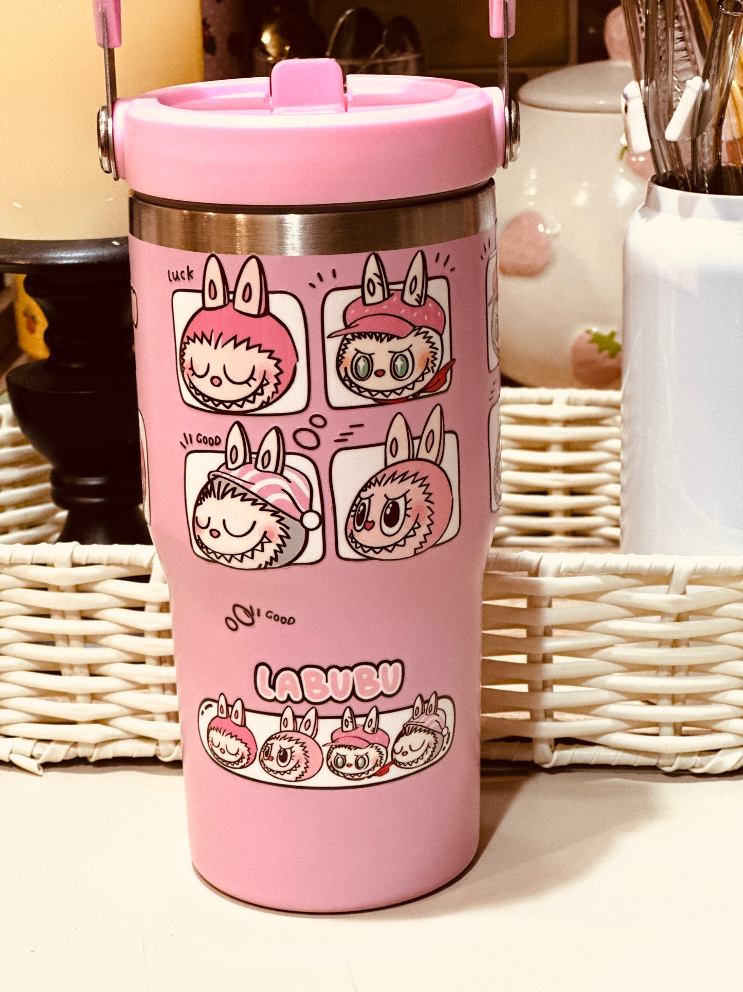 20 oz Insulated Tumbler – Pink Stainless Steel with Handle back to school tumblers, character design tumbler