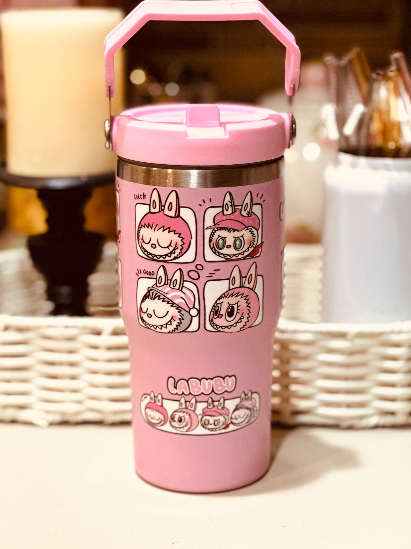 20 oz Insulated Tumbler – Pink Stainless Steel with Handle back to school tumblers, character design tumbler