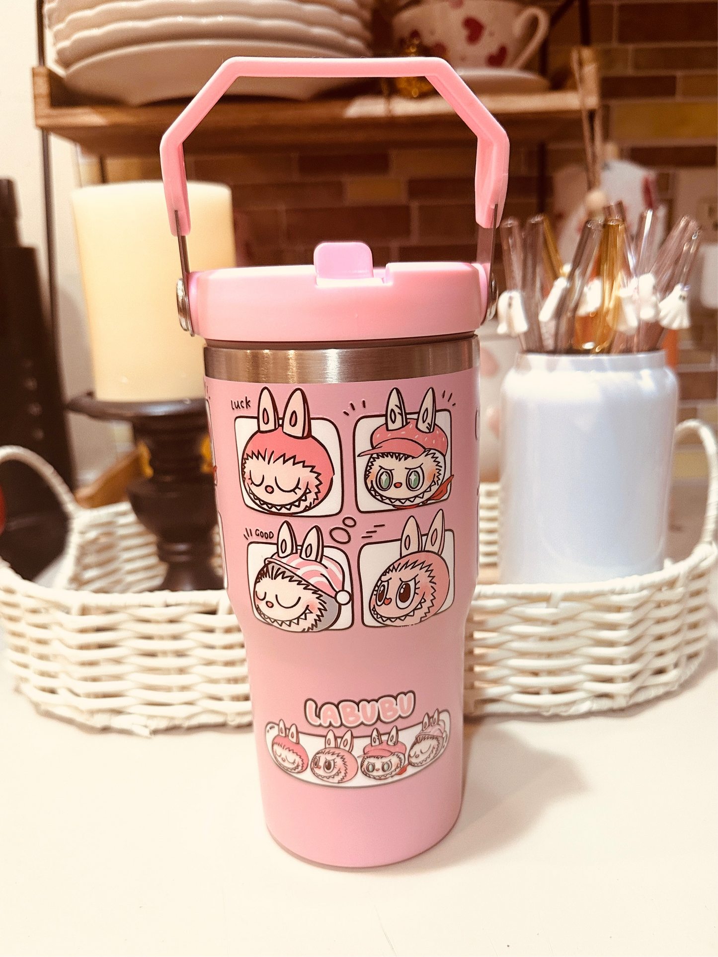 20 oz Insulated Tumbler – Pink Stainless Steel with Handle back to school tumblers, character design tumbler