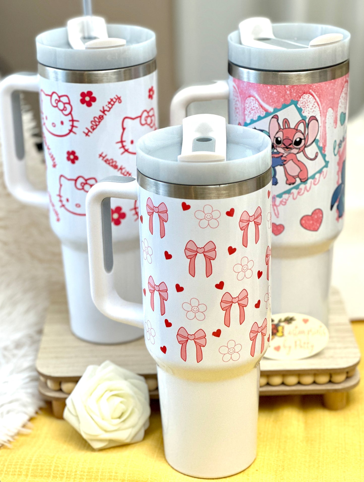 Stainless steel tumblers, Kitty tumblers, 40 oz tumblers, kitty tumblers with handles, alien tumblers, coquette bow tumblers, birthday gifts, back to school gifts, personalized tumblers.