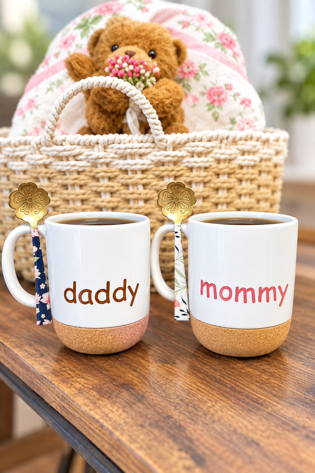 Mommy &amp; Daddy Mug Set with Floral Spoon | Gift for New Parents
