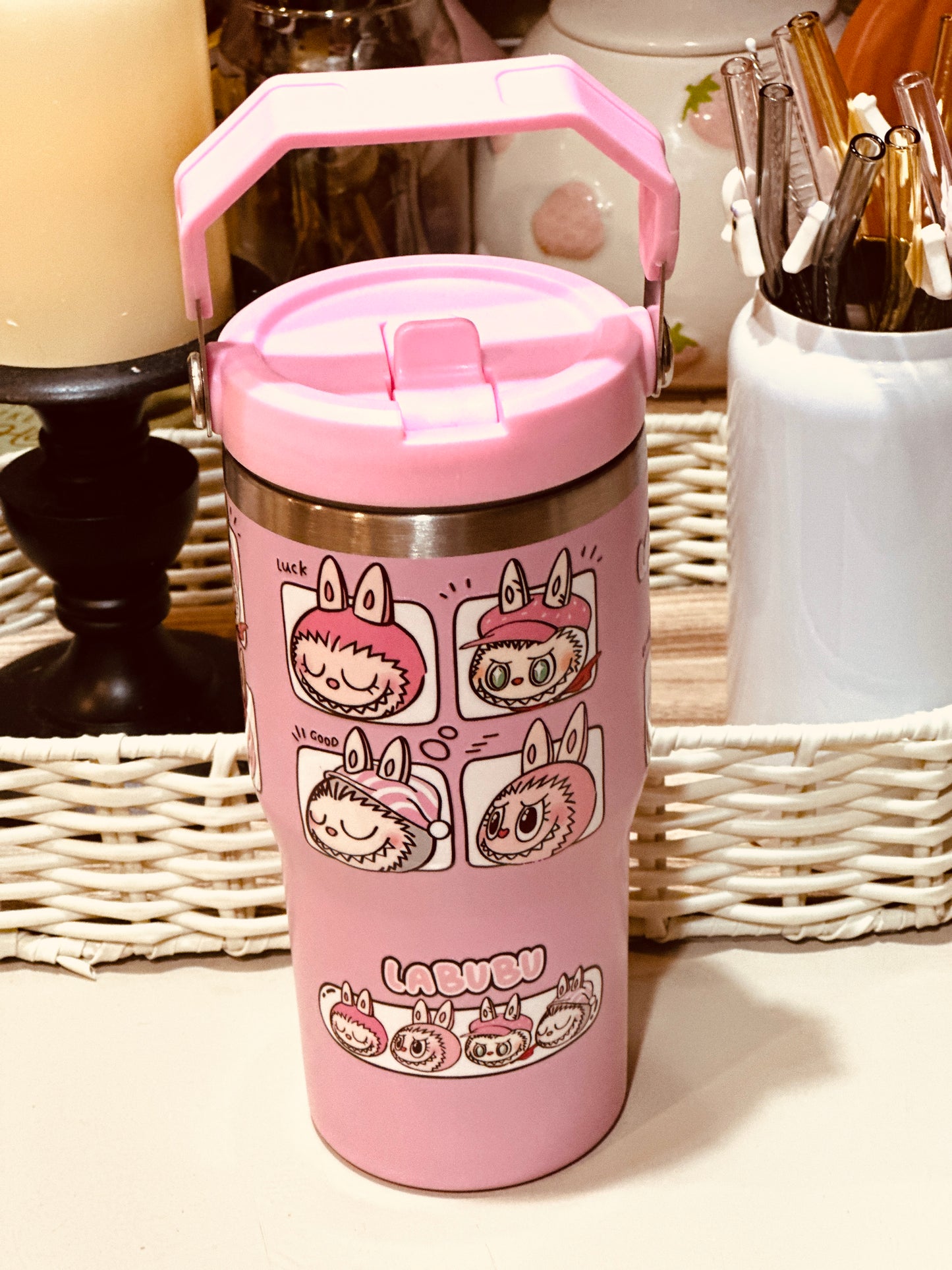 20 oz Insulated Tumbler – Pink Stainless Steel with Handle back to school tumblers, character design tumbler