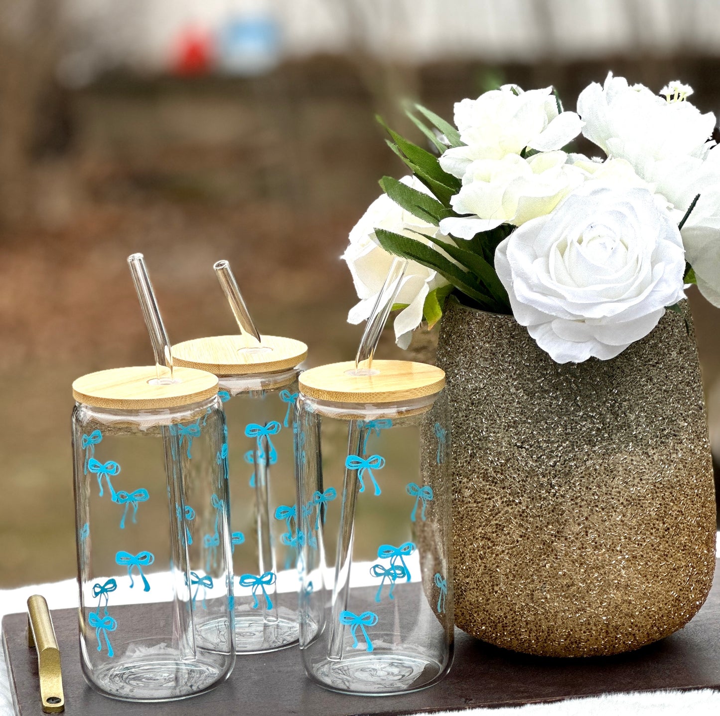 Cute bow iced coffee cup, blue bow drinking cup,Iced coffee cup, Dishwasher safe  cups, can glass shape coffee cups , Birthday gifts.