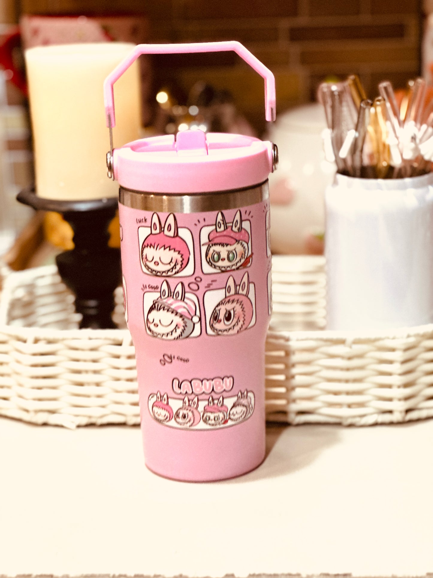 20 oz Insulated Tumbler – Pink Stainless Steel with Handle back to school tumblers, character design tumbler