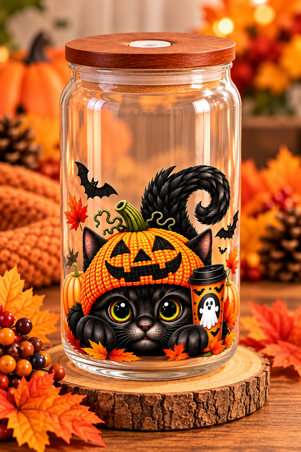 16 oz Glass Can Tumbler with Bamboo Lid & Straw | Seasonal Cat Designs/cat lover can shape glass, Christmas cat lover tumbler, halloween cat lover tumbler
