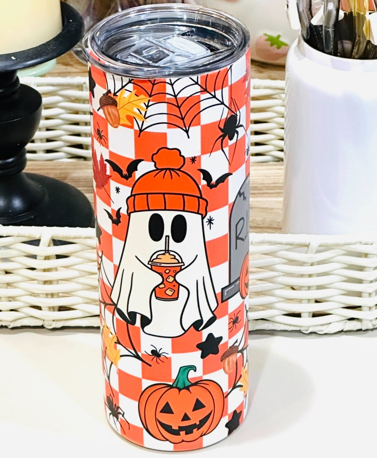 Halloween Tumbler, Glow in the dark Halloween tumbler, Checker tumbler, ghost tumbler,