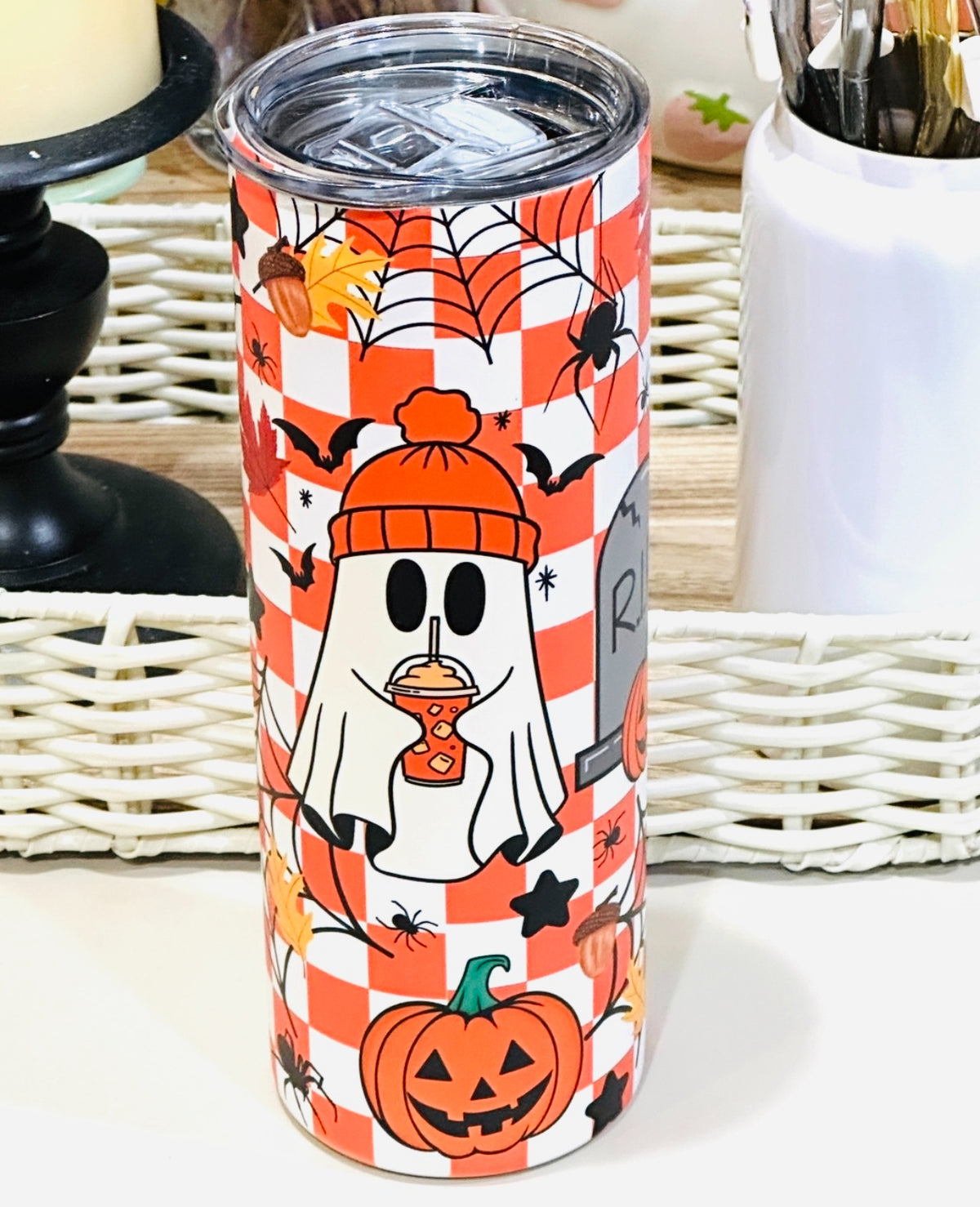 Halloween Tumbler, Glow in the dark Halloween tumbler, Checker tumbler, ghost tumbler,